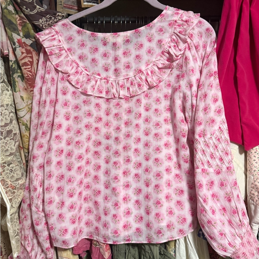 Love Shack Fancy 💐🎀 Pink Floral Ruffle Blouse - Picture 2 of 6